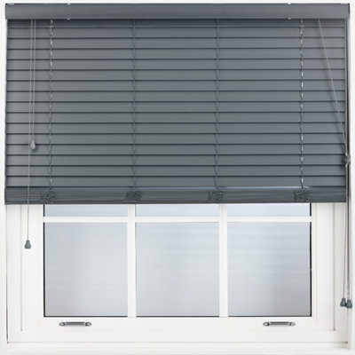 FURNISHED Faux Wood Venetian Blinds - Dark Grey 50mm Slats Trimmable Blinds for Windows and Doors  (W)110cm (L)210cm