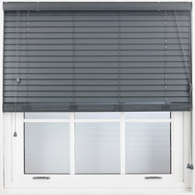 FURNISHED Faux Wood Venetian Blinds - Dark Grey 50mm Slats Trimmable Blinds for Windows and Doors  (W)125cm (L)210cm