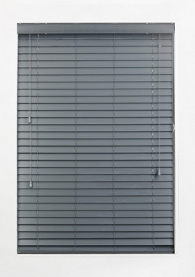 FURNISHED Faux Wood Venetian Blinds - Dark Grey 50mm Slats Trimmable Blinds for Windows and Doors  (W)185cm (L)150cm