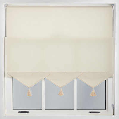 Furnished Luxury Linen Roller Blinds with Triangle Edge and Metal Fittings, Trimmable - Cream (W)230cm x (L)165cm