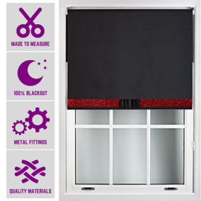 Furnished Made to Measure Blackout Blind with Red Glitter, Black Bow and Metal Fittings - Black (W)180cm x (L)210cm