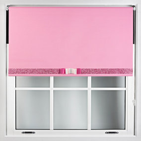 Furnished Pink Blackout Roller Blind with Decorative Pink Glitter & Fuchsia Bow - Trimmable (W)150cm x (L)165cm