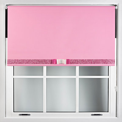 Furnished Pink Blackout Roller Blind with Decorative Pink Glitter & Fuchsia Bow - Trimmable (W)175cm x (L)210cm