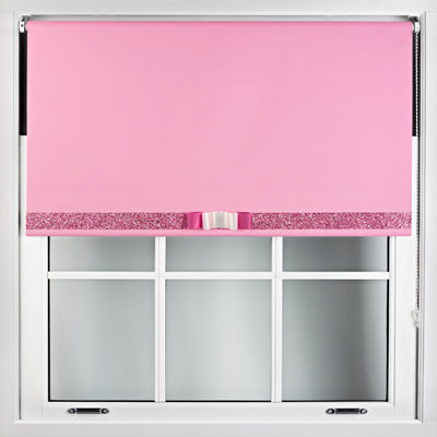 Furnished Pink Blackout Roller Blind with Decorative Pink Glitter & Fuchsia Bow - Trimmable (W)230cm x (L)210cm