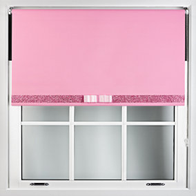Furnished Pink Blackout Roller Blind with Decorative Pink Glitter & Pink Bow - Trimmable (W)100cm x (L)165cm