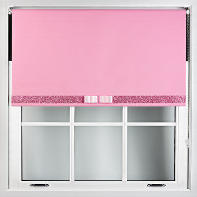 Furnished Pink Blackout Roller Blind with Decorative Pink Glitter & Pink Bow - Trimmable (W)115cm x (L)165cm