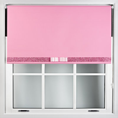 Furnished Pink Blackout Roller Blind with Decorative Pink Glitter & Pink Bow - Trimmable (W)155cm x (L)210cm