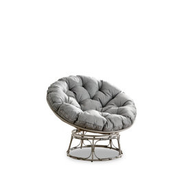 Furniturbeox Moon Grey PE Rattan Cushioned Outdoor Papasan Lounging Chair Perfect For Gardens and Patios With Thick Grey Cushion