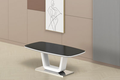 Furniture Express Coffee Table Black Glass Top with High Gloss White pedestal and Chrome Base