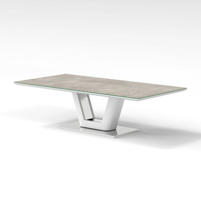 Furniture Express Grey Marble Effect Glass Top Coffee Table With High Gloss Pedestal and Chrome Base