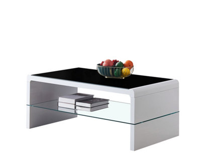 Furniture Express High Gloss White Coffee Table with Black Glass Top and Large Clear Glass Storage Shelf