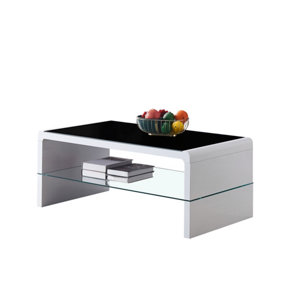 Furniture Express High Gloss White Coffee Table with Black Glass Top and Large Clear Glass Storage Shelf