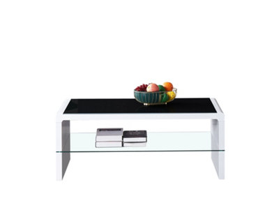 Furniture Express High Gloss White Coffee Table with Black Glass Top and Large Clear Glass Storage Shelf
