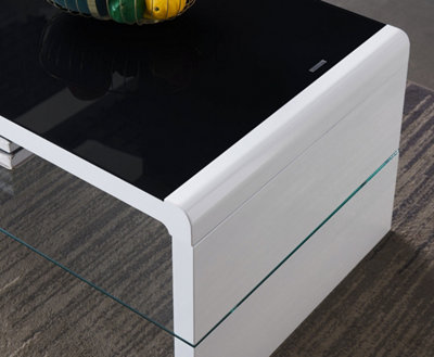 Furniture Express High Gloss White Coffee Table with Black Glass Top and Large Clear Glass Storage Shelf