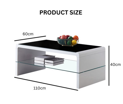 Furniture Express High Gloss White Coffee Table with Black Glass Top and Large Clear Glass Storage Shelf