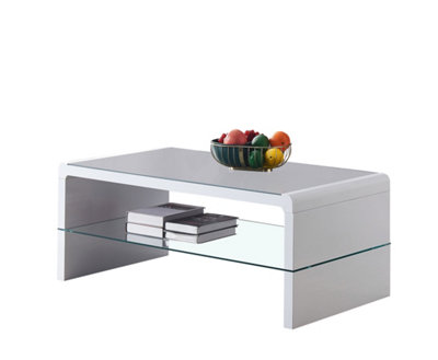 Furniture Express High Gloss White Coffee Table with Grey Glass Top and Large Clear Glass Storage Shelf