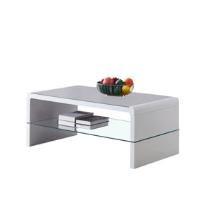 Furniture Express High Gloss White Coffee Table with Grey Glass Top and Large Clear Glass Storage Shelf