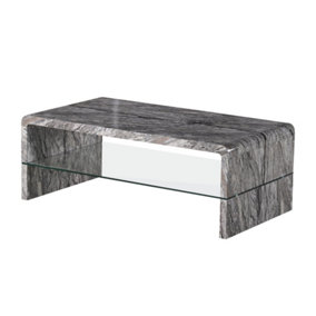 Furniture Express Modern High Gloss Grey Marble Effect Coffee Table with Large Glass Shelf L:110cm W:60cm H:40cm