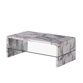 Furniture Express Modern High Gloss White Marble Effect Coffee Table with Large Glass Shelf L:110cm W:60cm H:40cm
