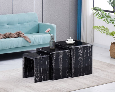 Furniture Express Nest of 3 Tables Black Marble High Gloss Marble Effect Finish with Black Tempered Glass Top