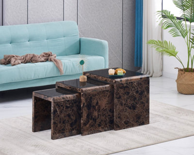 Furniture Express Nest of 3 Tables High Gloss Brown Effect Marble Effect Finish with Black Tempered Glass