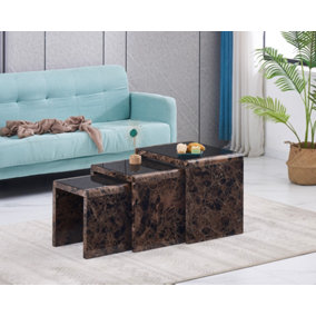 Furniture Express Nest of 3 Tables High Gloss Brown Effect Marble Effect Finish with Black Tempered Glass