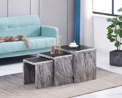 Furniture Express Nest of 3 Tables High Gloss Grey Effect Marble Effect Finish with Black Tempered Glass