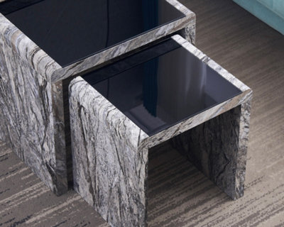 Furniture Express Nest of 3 Tables High Gloss Grey Effect Marble Effect Finish with Black Tempered Glass