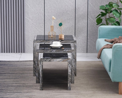 Furniture Express Nest of 3 Tables High Gloss Grey Effect Marble Effect Finish with Black Tempered Glass