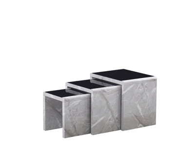 Furniture Express Nest of 3 Tables High Gloss Light Grey Marble Effect Finish with Black Tempered Glass Top.