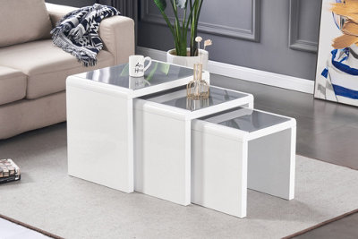 Furniture Express Nest of 3 Tables High Gloss White Finish with Grey Tempered Glass Top