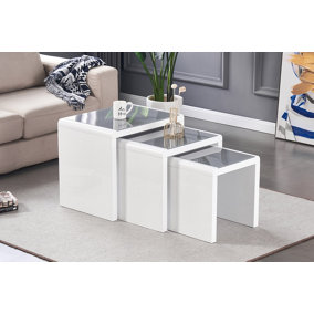 Furniture Express Nest of 3 Tables High Gloss White Finish with Grey Tempered Glass Top
