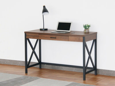 Furniture Express Walnut Effect Computer Desk with 1 Drawer Powder Coated Black Frame