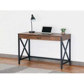 Furniture Express Walnut Effect Computer Desk with 1 Drawer Powder Coated Black Frame