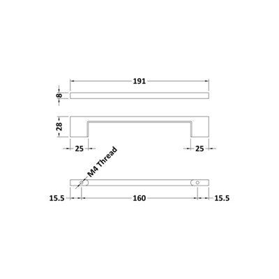 Furniture Handle Square D Shape Handle, 191mm (160mm Centres) - Chrome