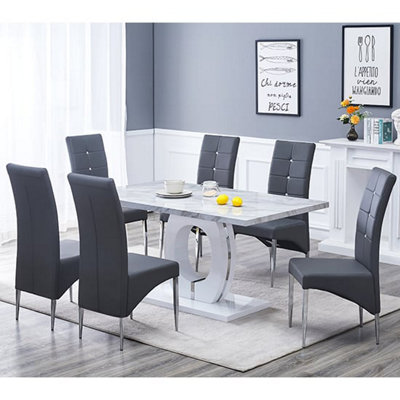 Furniture in Fashion Halo Magnesia Marble Effect Dining Table 6 Vesta Grey Chairs