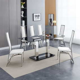 Furniture In Fashion Jet Large Black Glass Dining Table With 6 Chicago White Chairs
