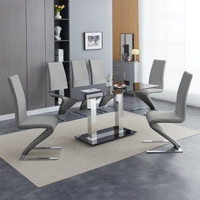 Furniture In Fashion Jet Large Black Glass Dining Table With 6 Demi Z Grey Chairs