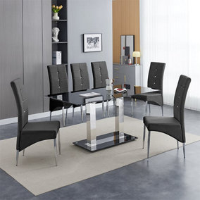 Furniture In Fashion Jet Large Black Glass Dining Table With 6 Vesta Black Chairs
