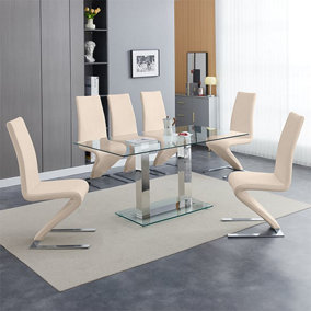 Furniture In Fashion Jet Large Clear Glass Dining Table With 6 Demi Z Taupe Chairs