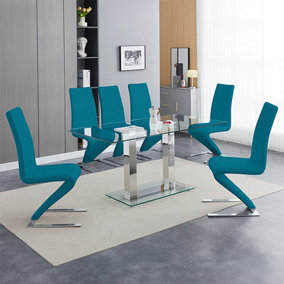 Furniture In Fashion Jet Large Clear Glass Dining Table With 6 Demi Z Teal Chairs