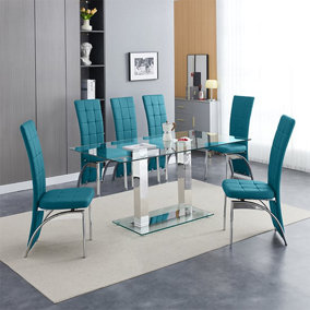Furniture In Fashion Jet Large Clear Glass Dining Table With 6 Ravenna Teal Chairs