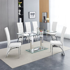 Furniture In Fashion Jet Large Clear Glass Dining Table With 6 Ravenna White Chairs