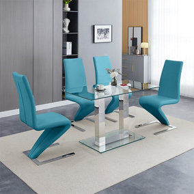 Furniture In Fashion Jet Small Clear Glass Dining Table With 4 Demi Z Teal Chairs