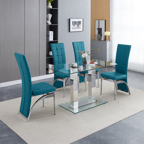 Furniture In Fashion Jet Small Clear Glass Dining Table With 4 Ravenna Teal Chairs
