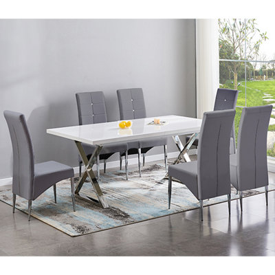 Furniture in Fashion Mayline Extending White Dining Table With 6 Vesta Grey Chairs