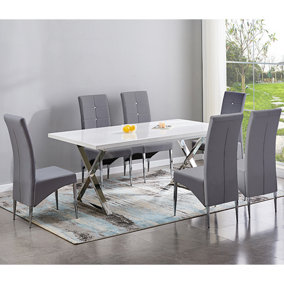 Furniture in Fashion Mayline Extending White Dining Table With 6 Vesta Grey Chairs