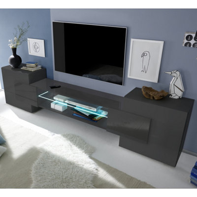 Furniture in Fashion Nevaeh Dark Grey High Gloss TV Stand With 2 Doors And LED Lights