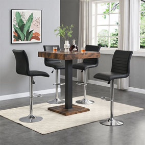 Furniture In Fashion Topaz Rustic Oak Wooden Bar Table With 4 Ripple Black Stools