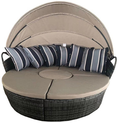 Furniture One Rattan Effect Grey 5 PCs Outdoor Rattan Lounge Chair Round Daybed Table Set with Cushion